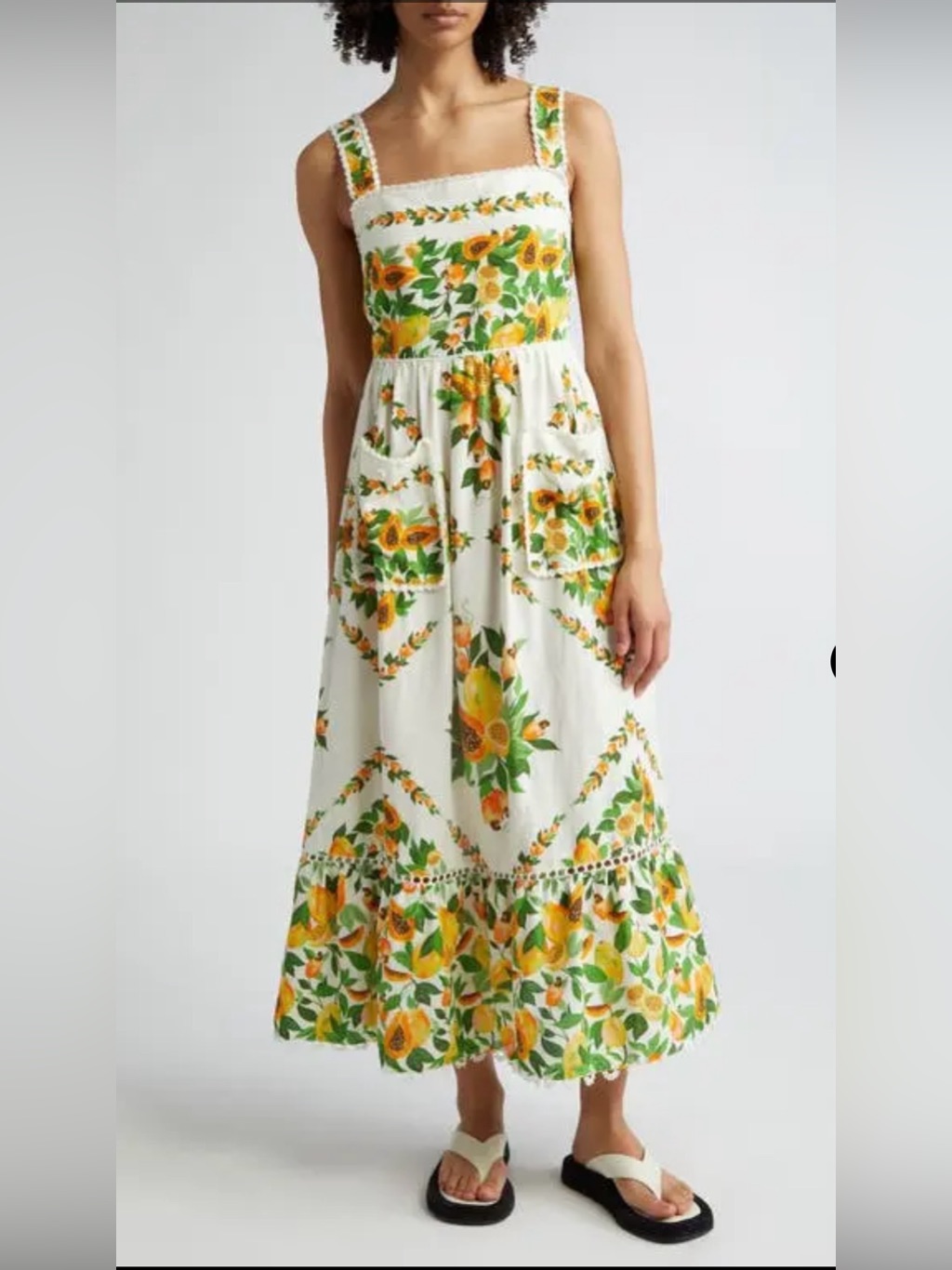 Farm Rio White Midi Dress With Yellow Lemon Floral Print